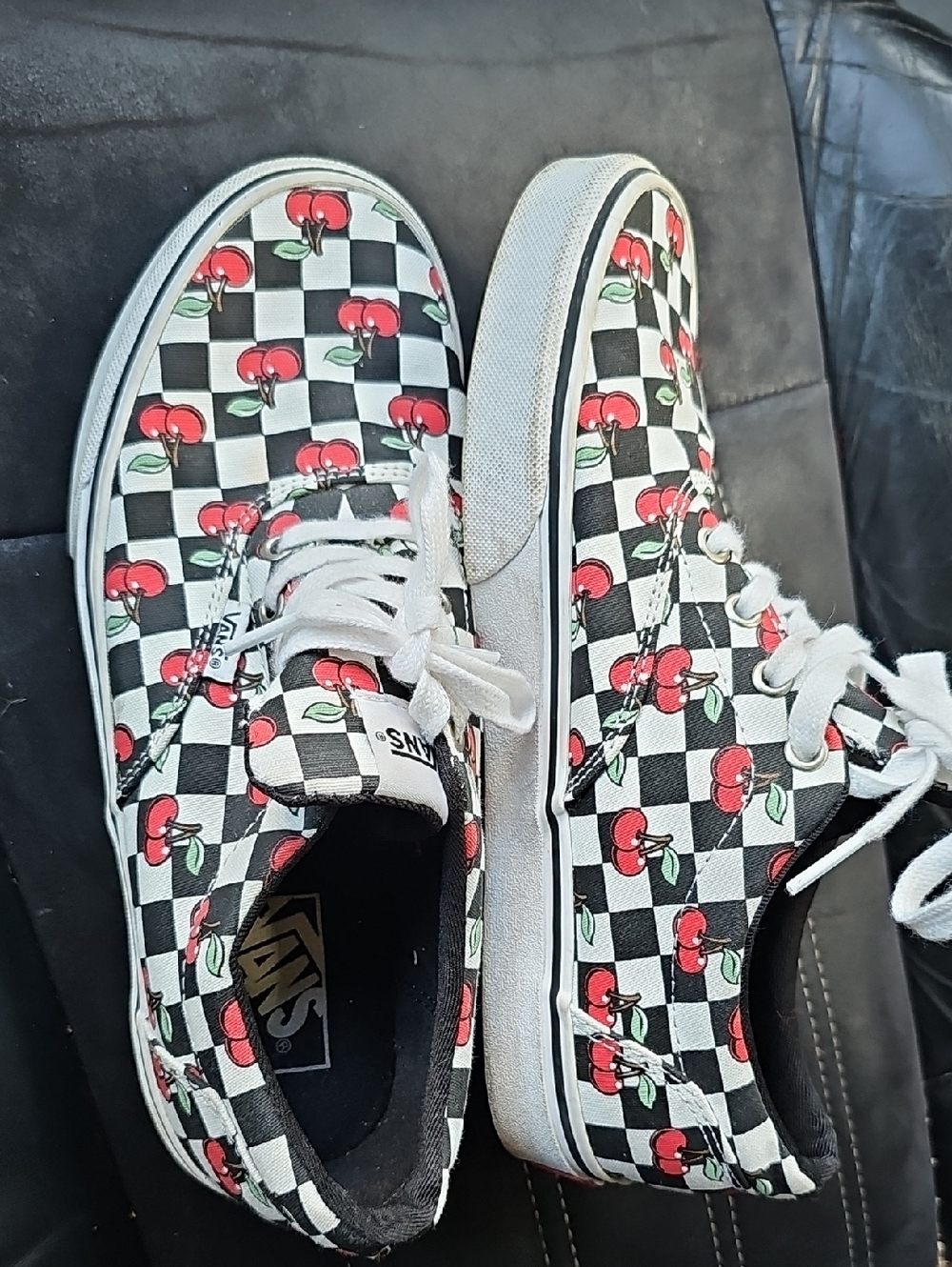 Vans Doheny Black White Checkerboard Sneakers with Red Cherry Print Size 9 - Picture 2 of 8